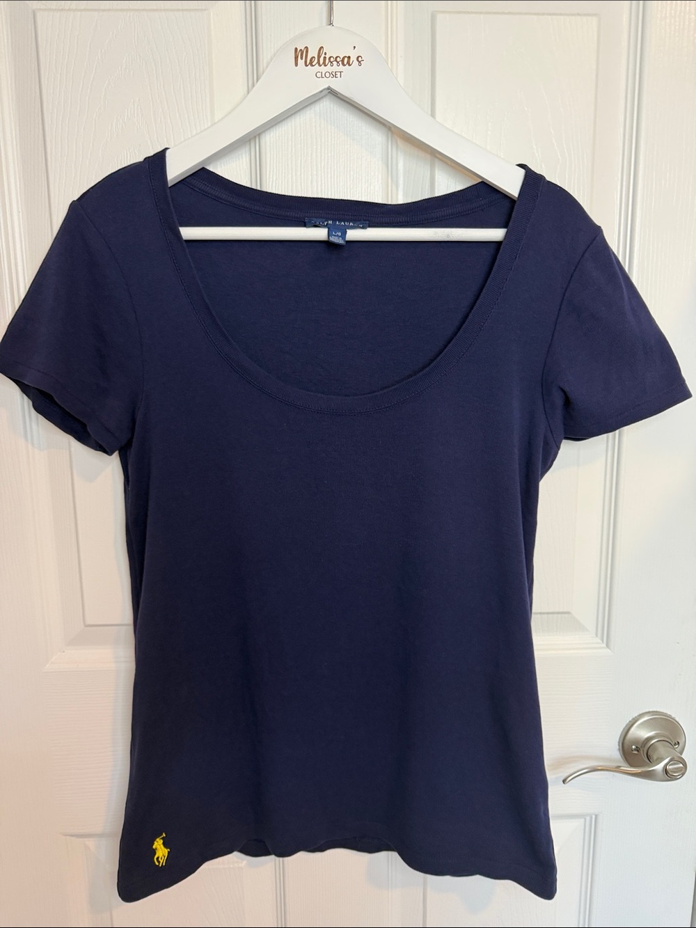 Ralph Lauren Navy Scoop Neck Short Sleeve Tee with Yellow Pony L 100% cotton